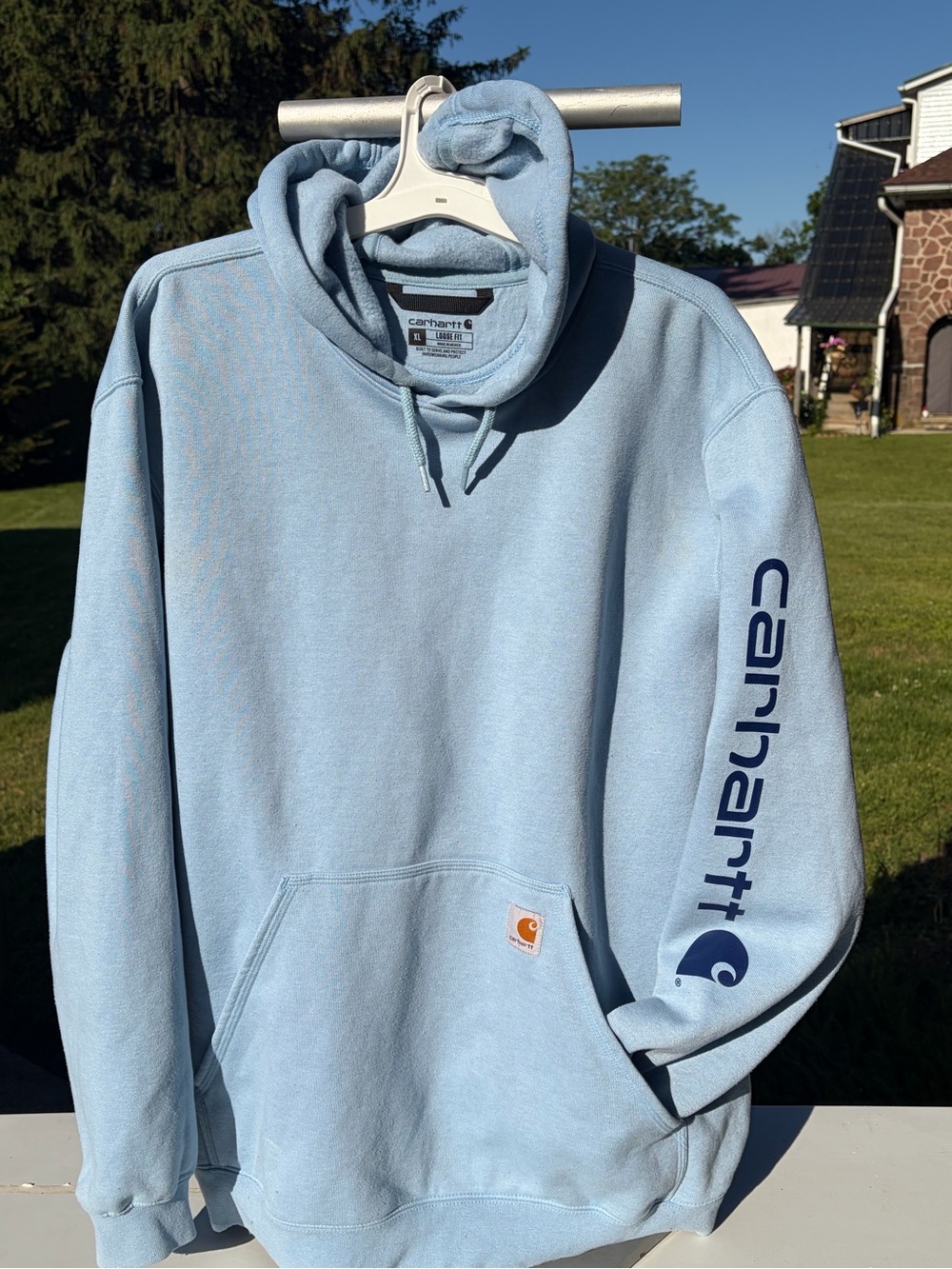 Carhartt Sky Blue Fleece Pullover Hoodie Hooded Sweatshirt Men XL Loose Fit